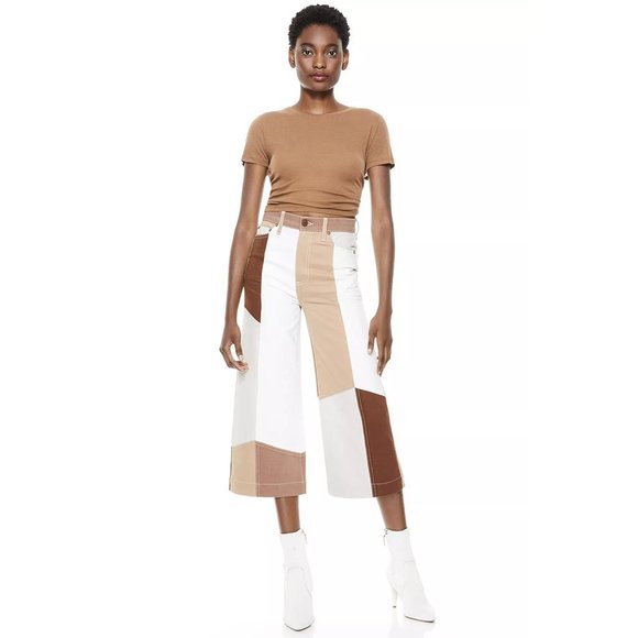 NWT Alice + Olivia Brown Patchwork Wide Leg Gaucho Cropped, Size 26 - Picture 1 of 16